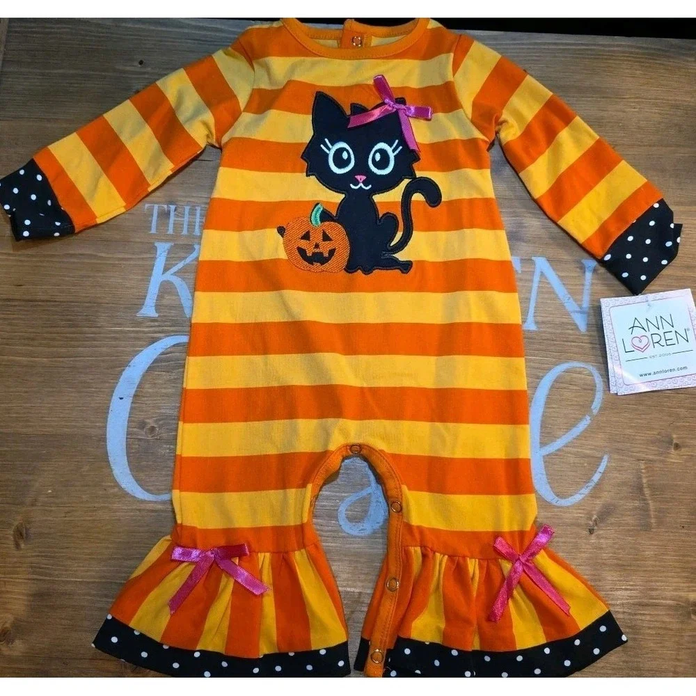 NEW‎ Annloren 3-6 Month First Halloween Orange Pumpkin Black Cat Romper Ruffles
